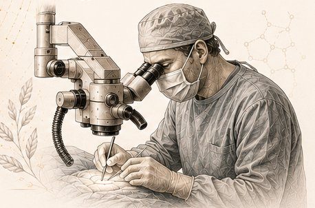 Cirurgião realizando varicocelectomia microcirúrgica com microscópio de alta precisão