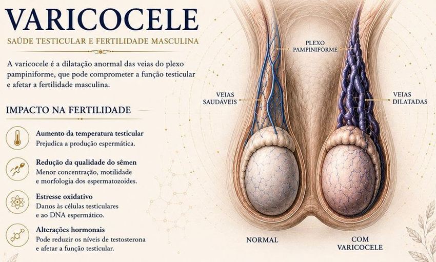 Infográfico varicocele — comparação veias saudáveis e veias dilatadas com impacto na fertilidade